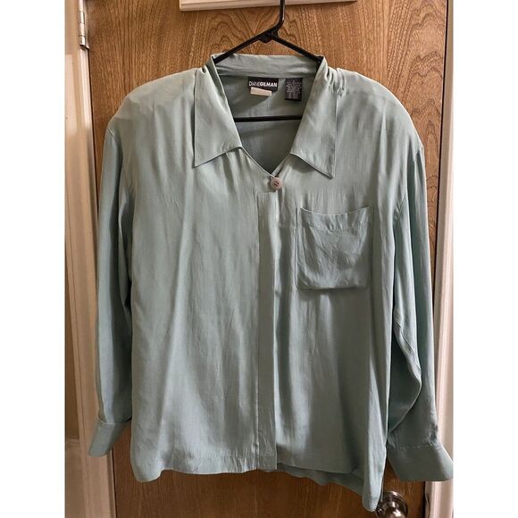 Vintage Diane Gilman 100% Silk Blouse Large Seaweed Green Turquoise Button Light - Picture 1 of 16